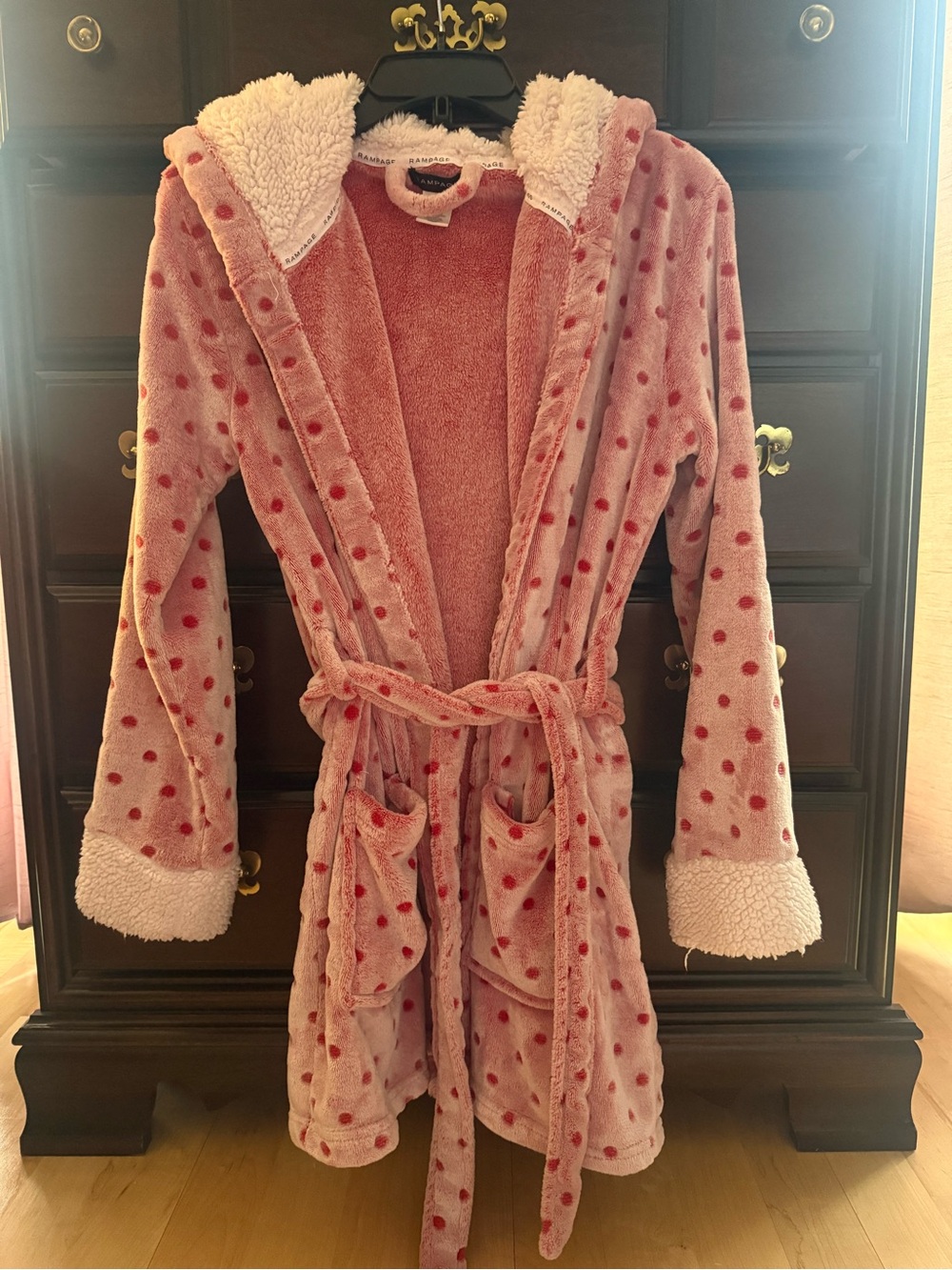 Rampage Pink Polka Dot Plush Hooded Bathrobe with Sherpa Trim